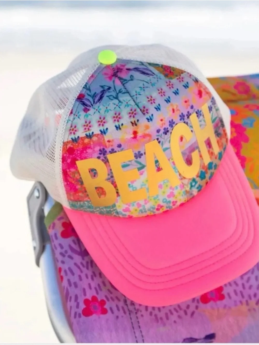 Title: Natural Life BEACH Gold Floral Adjustable Trucker Hat NWT